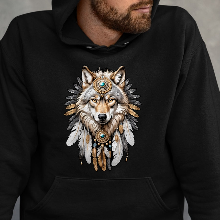 Native American T-Shirts, Vintage Native American Unisex T-Shirt/Hoodie/Sweatshirt HLT00 - Native American Wolf Feather Headdress Hunter Men Women T-Shirt (1)