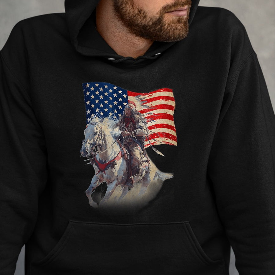 Native American T-Shirts, Vintage Native American Unisex T-Shirt/Hoodie/Sweatshirt HLT00 - Native American Day Flag Indian Riding Horse 4th of July T-Shirt (1)