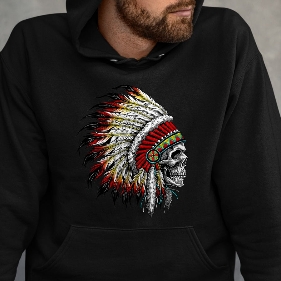 Native American T-Shirts, Vintage Native American Unisex T-Shirt/Hoodie/Sweatshirt HLT00 - Native American Indian Chief Skull Motorcycle Headdress T-Shirt (2)