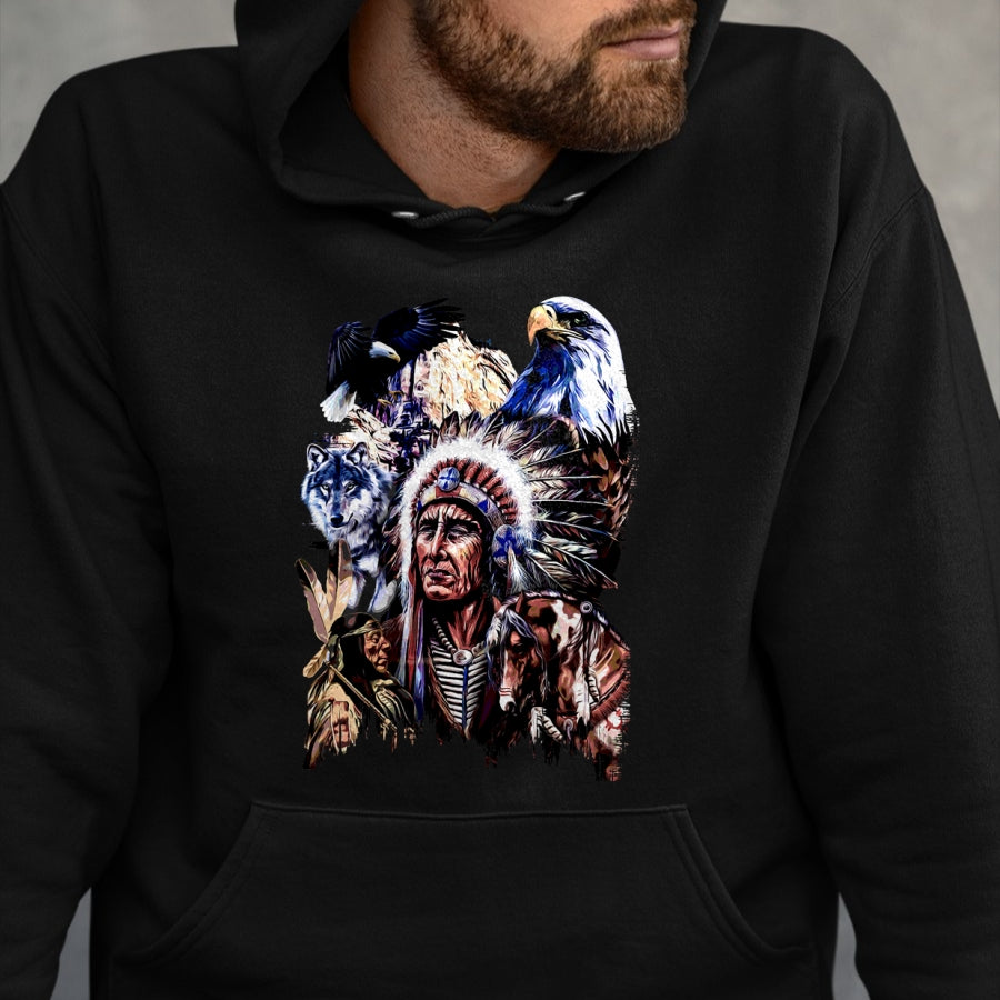 Native American T-Shirts, Vintage Native American Unisex T-Shirt/Hoodie/Sweatshirt HLT00 - American Flag - American Indigenous Art Native Indian Chief Headdress T-Shirt (1)