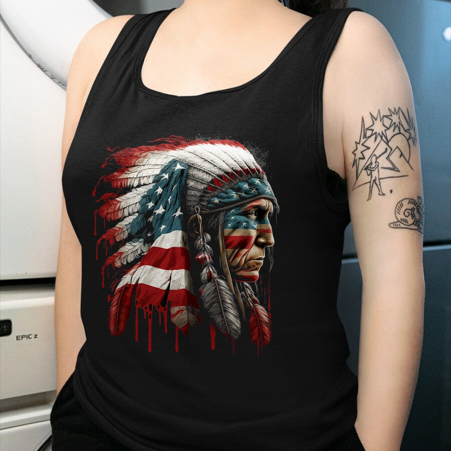 Native American T-Shirts, Vintage Native American Unisex T-Shirt/Hoodie/Sweatshirt HLT00 - Native American Indian Chief American USA Flag T-Shirt (2)