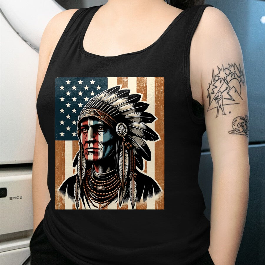Native American T-Shirts, Vintage Native American Unisex T-Shirt/Hoodie/Sweatshirt HLT00 - Native American Indian Vintage Chief American USA Flag Retro T-Shirt (1)