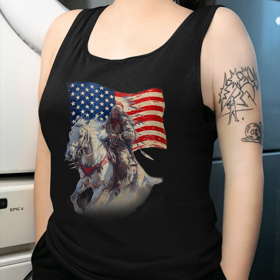 Native American T-Shirts, Vintage Native American Unisex T-Shirt/Hoodie/Sweatshirt HLT00 - Native American Day Flag Indian Riding Horse 4th of July T-Shirt (1)